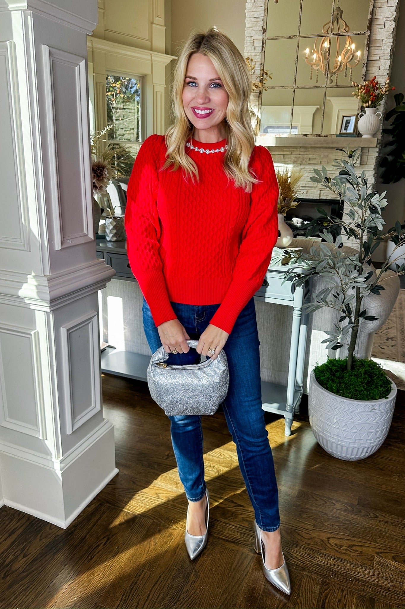 Rhinestone Crew Neck Puff Sleeve Red Cable Knit Sweater