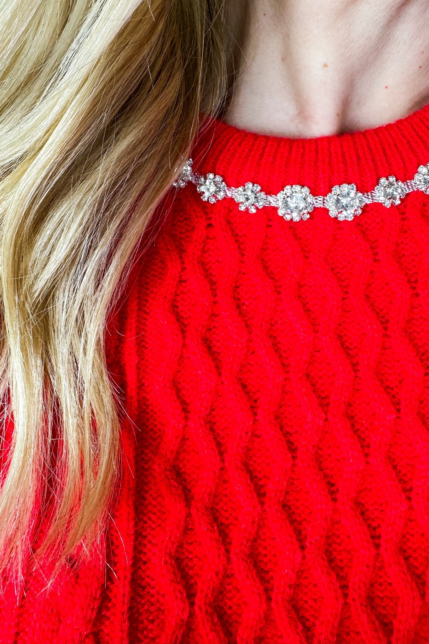 Rhinestone Crew Neck Puff Sleeve Red Cable Knit Sweater