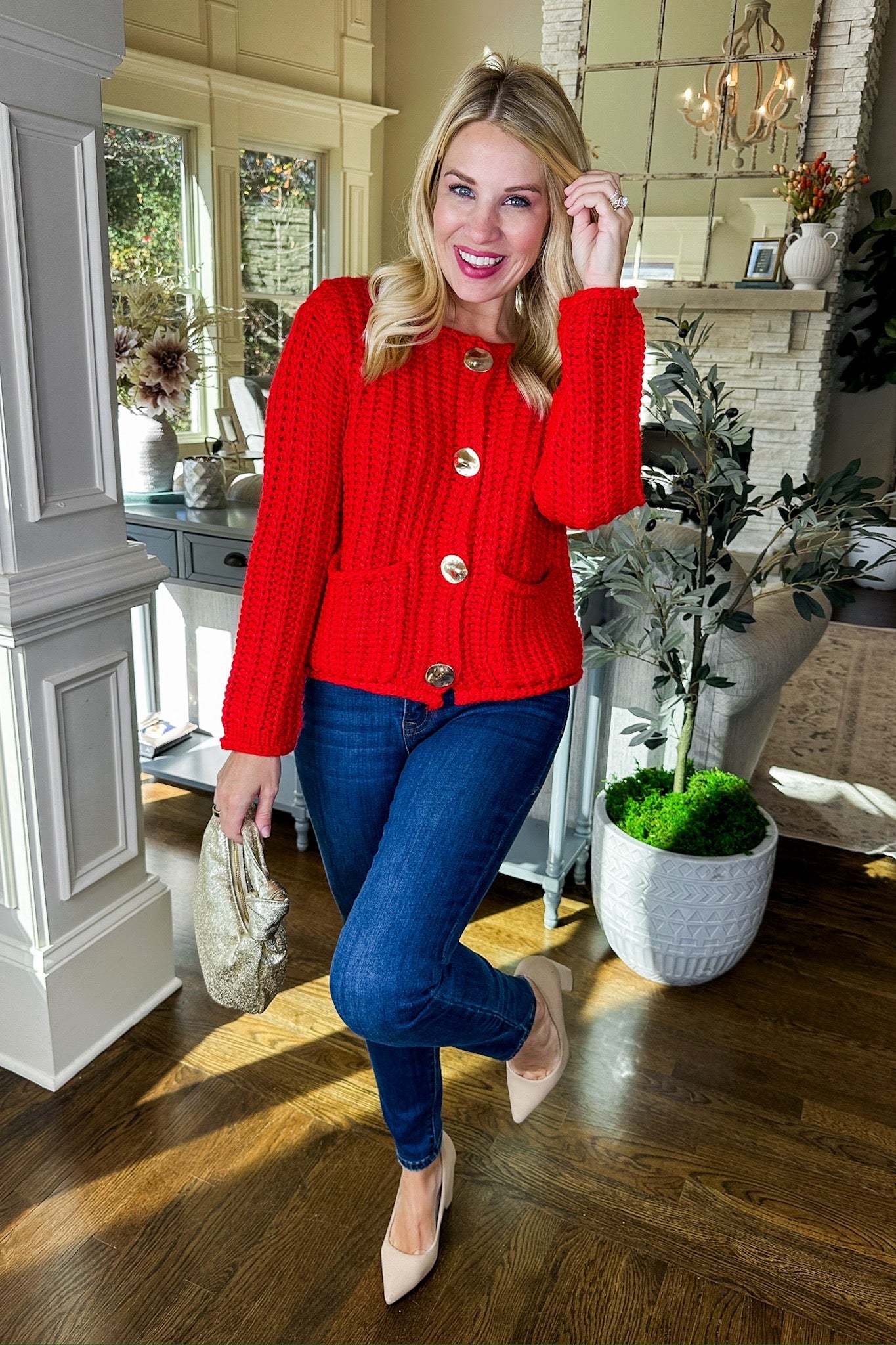 Gold Button Down Chunky Red Knit Sweater Cardigan