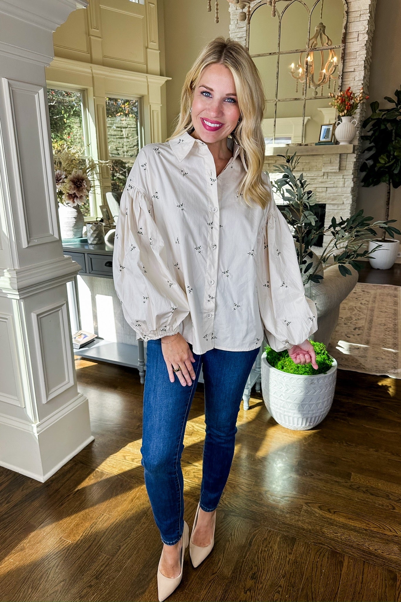 Embroidered Floral Bubble Sleeve Cream Button Down Top