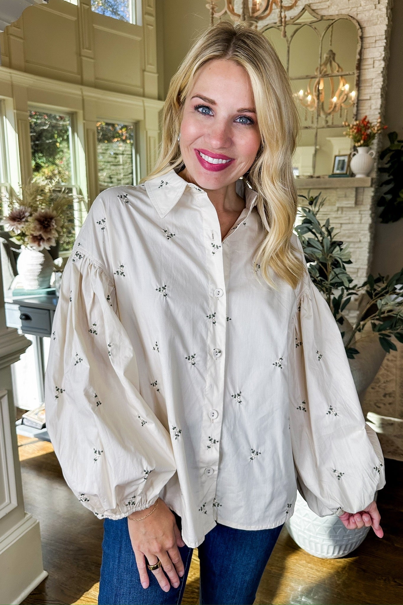 Embroidered Floral Bubble Sleeve Cream Button Down Top