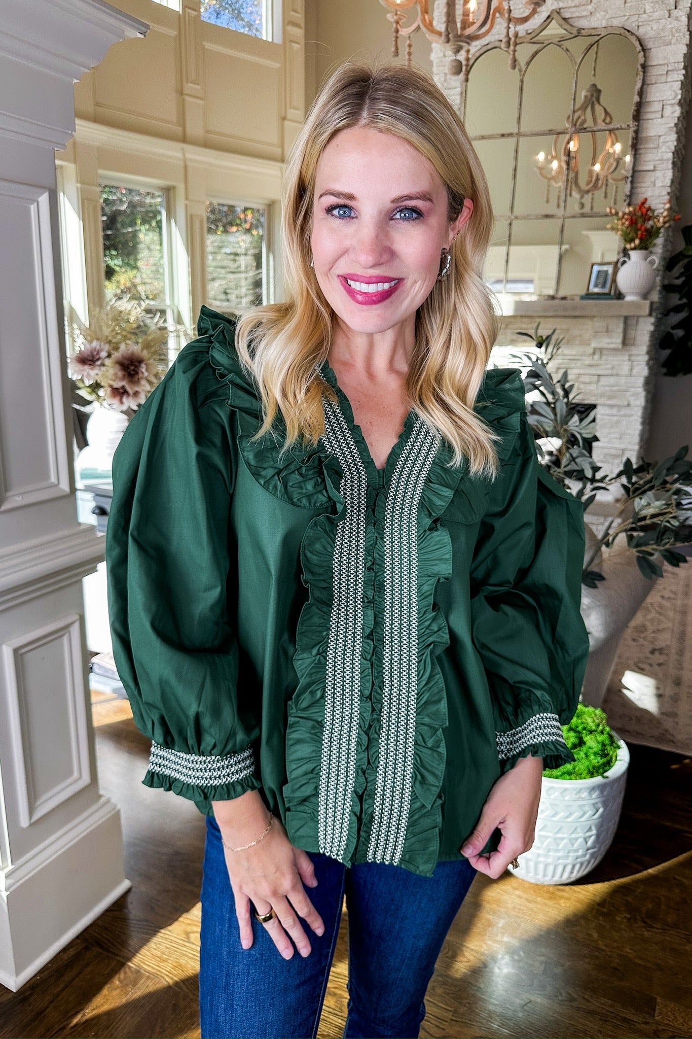 Smocked Ruffle Collared Statement Top in Hunter Green