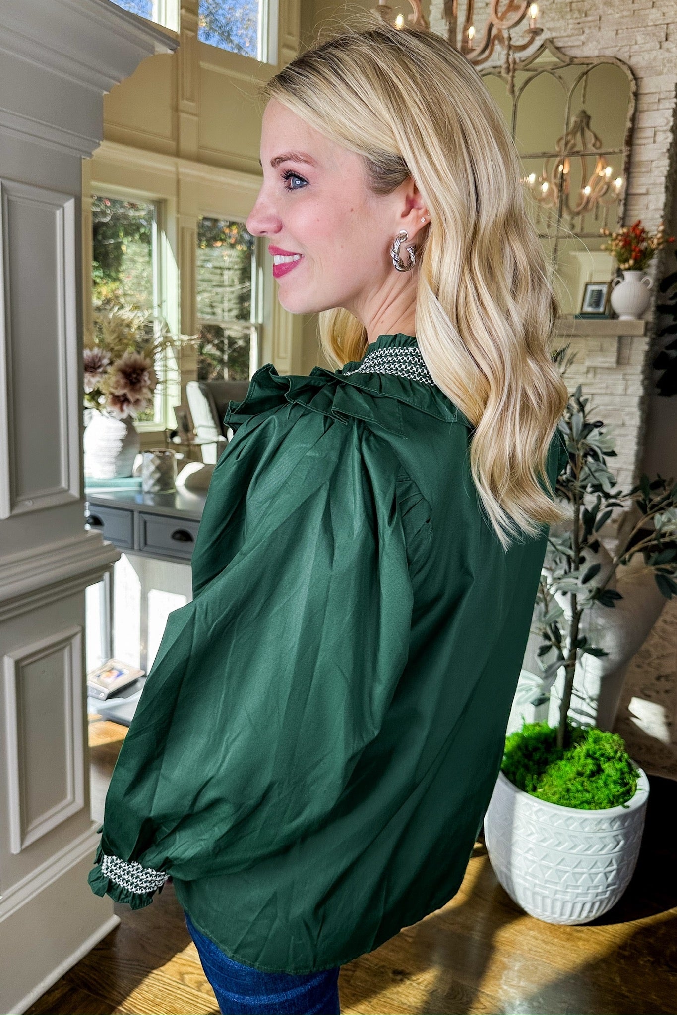 Smocked Ruffle Collared Statement Top in Hunter Green