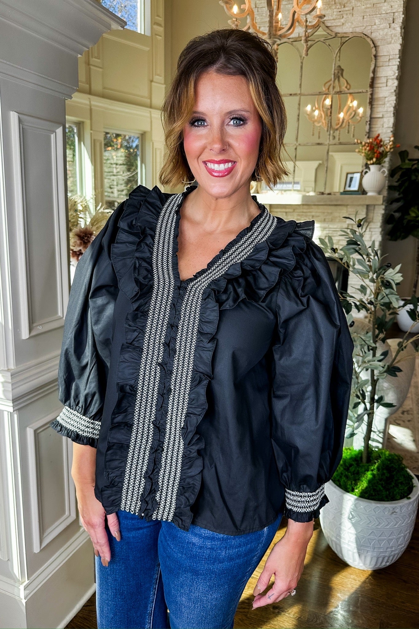 Smocked Ruffle Collared Statement Top in Black