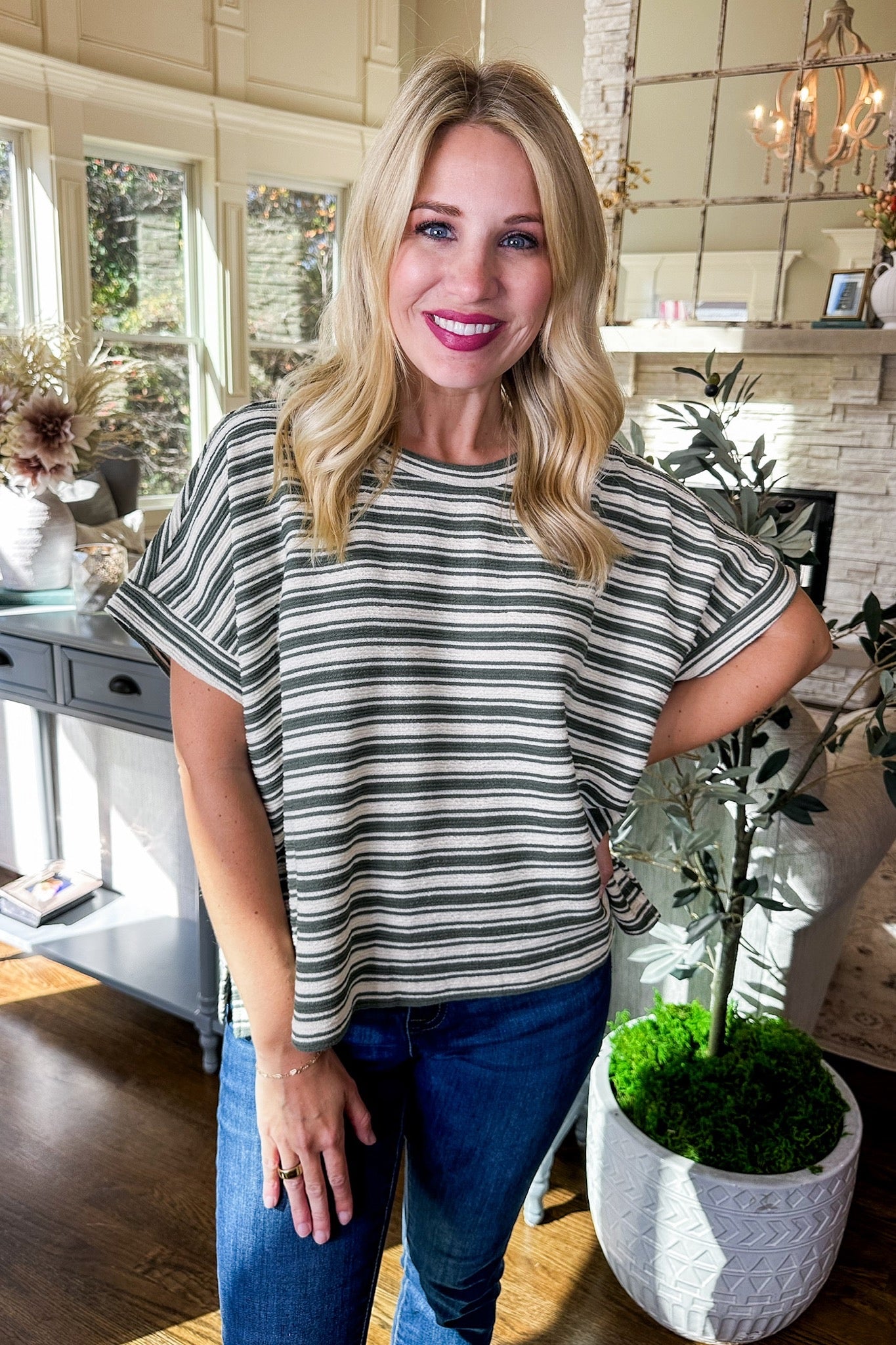 Oversized Green & Ivory Striped Drop Shoulder Knit Top