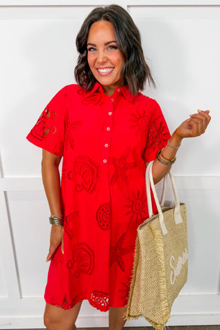 Seaside Charm Red Eyelet Cutout Dress
