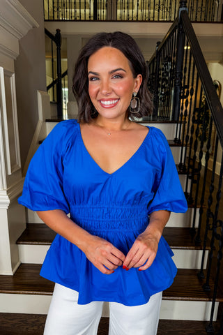 Sweetheart Cinched Peplum Top in Blue