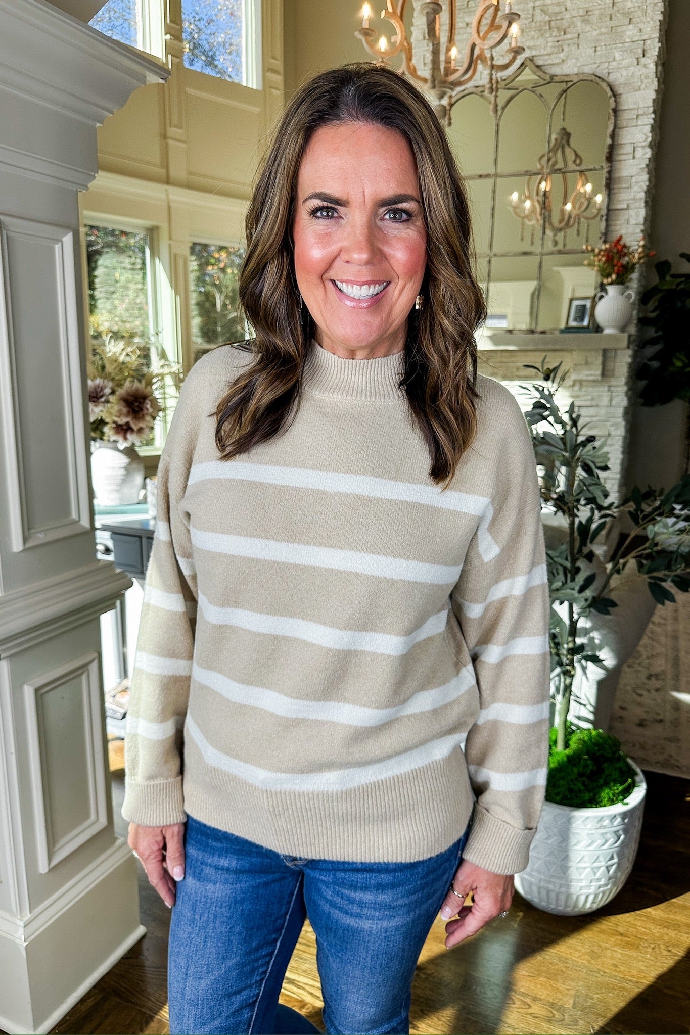 Cozy Closet Staple Striped Knit Sweater in Taupe