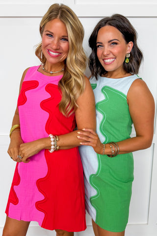 The Presley Color Pop Shift Dress in Blue & Green