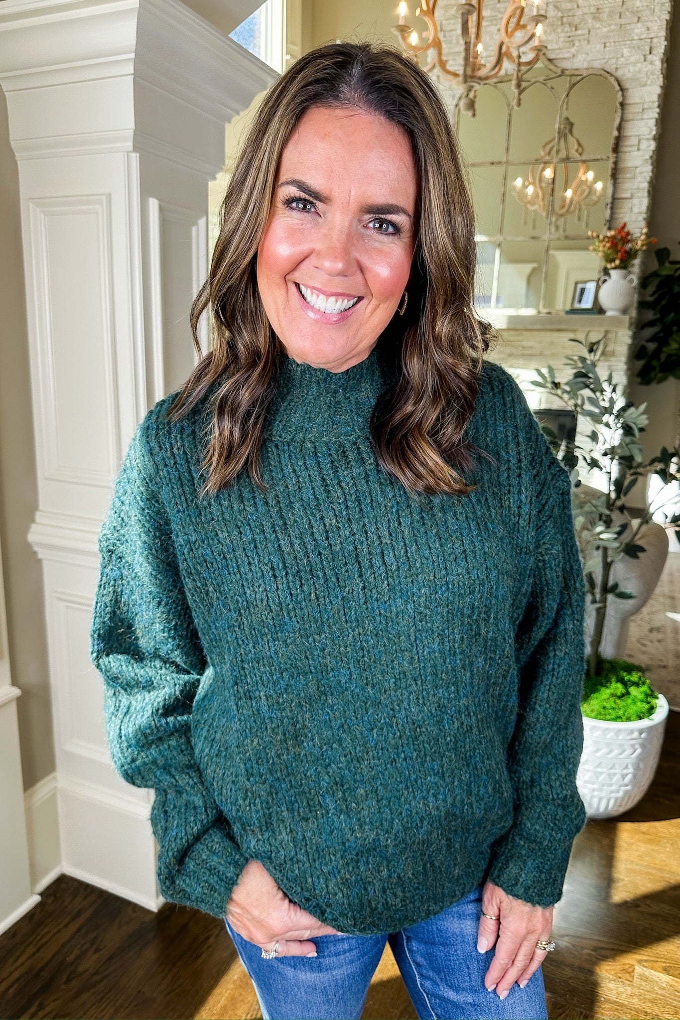 Cozy Knit Mock Neck Merle Dark Green Sweater