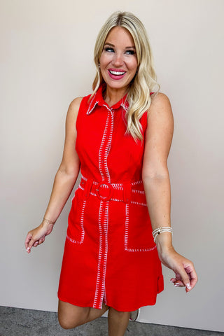 Vibrant Red Chic Collared Short Dress