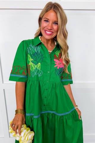 Vacation To Rio Green Embroidered Midi Dress