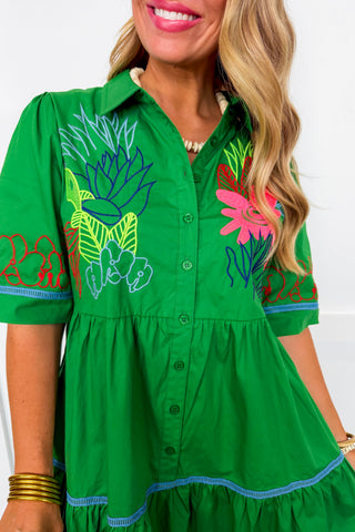 Vacation To Rio Green Embroidered Midi Dress