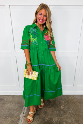 Vacation To Rio Green Embroidered Midi Dress