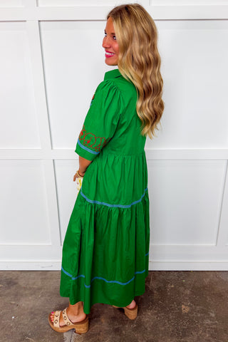 Vacation To Rio Green Embroidered Midi Dress