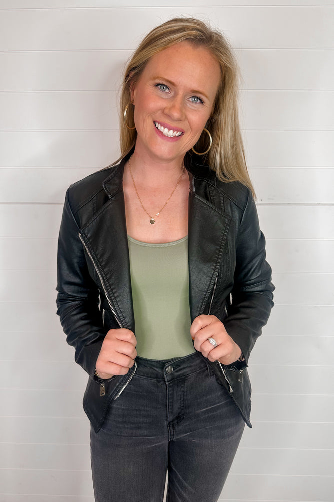 Standing Collar Cropped Leather Jacket in Black Midnight