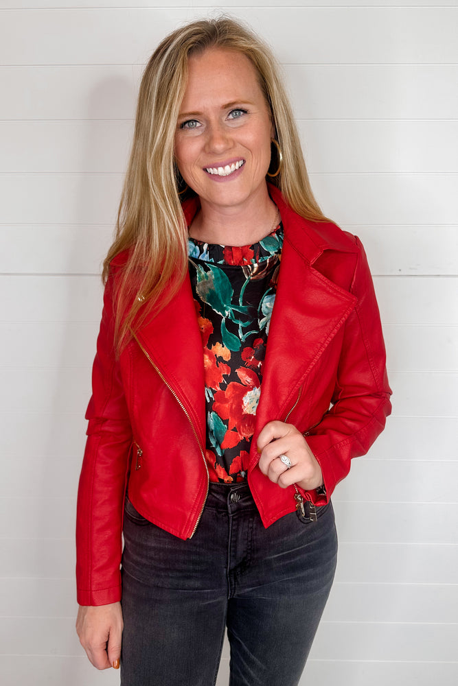 Cropped Leather Jacket in Cherry Red