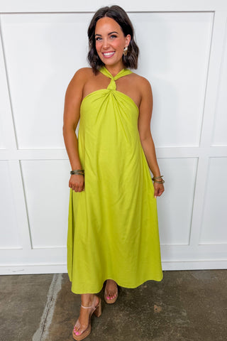 Chic Getaway Halter Midi Dress in Chartreuse