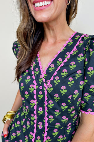 Black & Pink Floral Midi Belted Dress