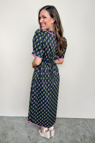 Black & Pink Floral Midi Belted Dress