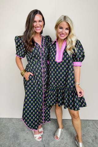 Ginger Floral Black & Pink Swing Dress