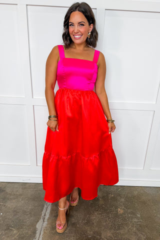 Evening Elegance Taffeta Midi Dress in Hot Pink/Orange
