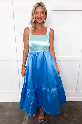 Evening Elegance Taffeta Midi Dress in Mint/Blue