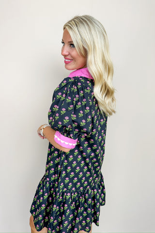 Ginger Floral Black & Pink Swing Dress