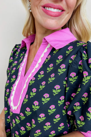 Ginger Floral Black & Pink Swing Dress