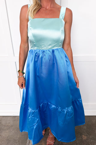 Evening Elegance Taffeta Midi Dress in Mint/Blue