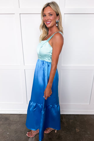 Evening Elegance Taffeta Midi Dress in Mint/Blue