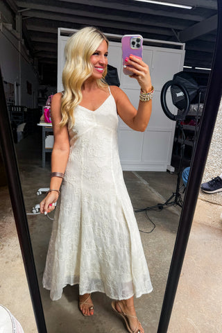 Flower Embroidery Midi Dress With Double Ribbon