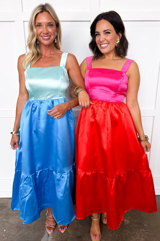 Evening Elegance Taffeta Midi Dress in Hot Pink/Orange