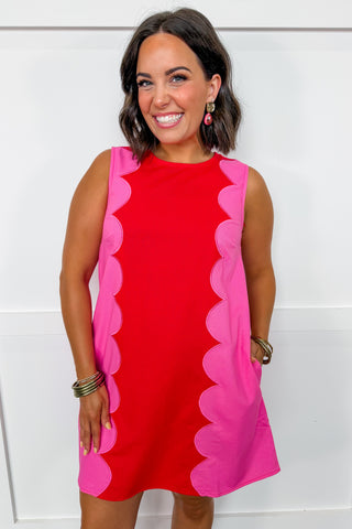 Southern Scallop Mini Dress in Red/Pink