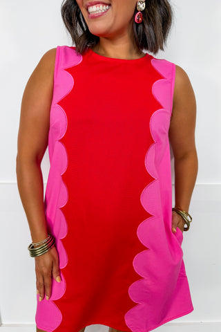 Southern Scallop Mini Dress in Red/Pink