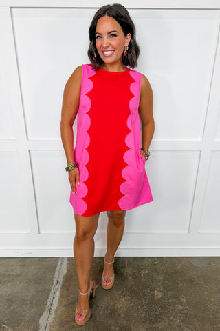 Southern Scallop Mini Dress in Red/Pink