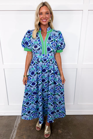 The Savannah Garden Midi Dress in Blue
