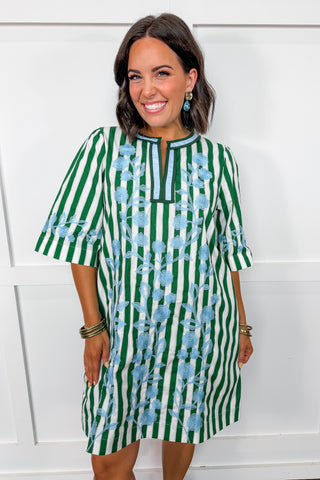 The Charlotte Dress With Embroidered Details in Green + Blue