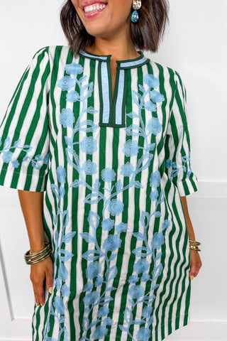 The Charlotte Dress With Embroidered Details in Green + Blue