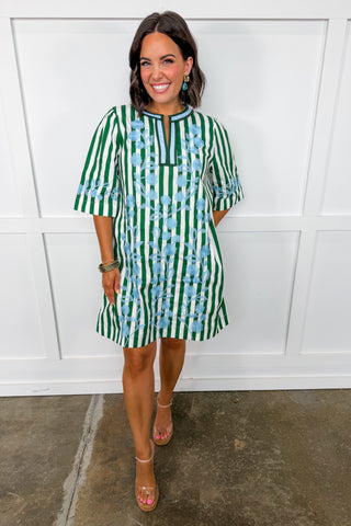 The Charlotte Dress With Embroidered Details in Green + Blue