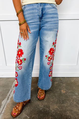 The Callie Embroidered Floral Wide Leg Jeans