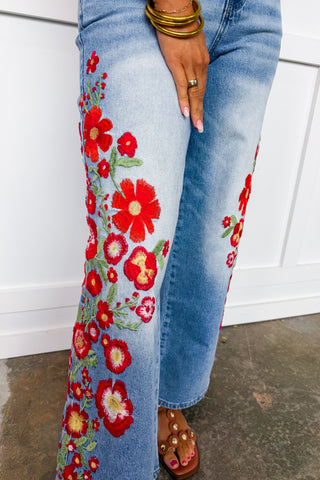 The Callie Embroidered Floral Wide Leg Jeans