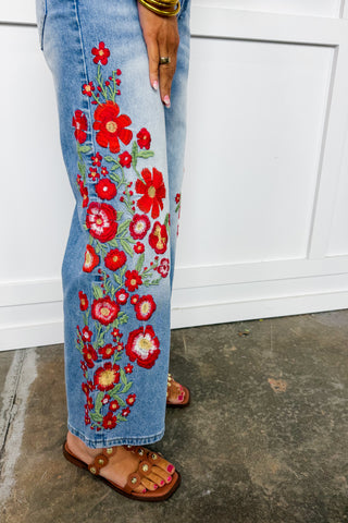 The Callie Embroidered Floral Wide Leg Jeans