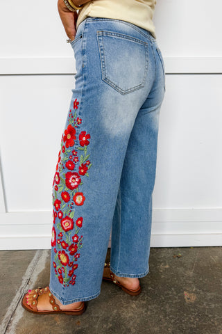 The Callie Embroidered Floral Wide Leg Jeans
