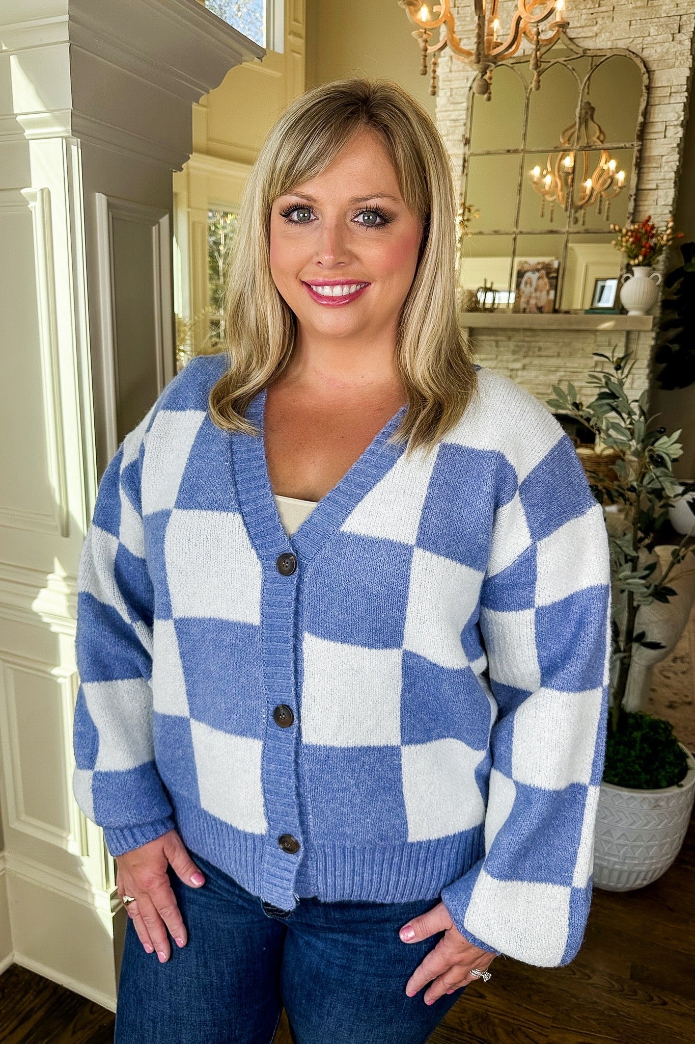 Soft Blue Checkered V Neck Button Down Sweater Cardigan