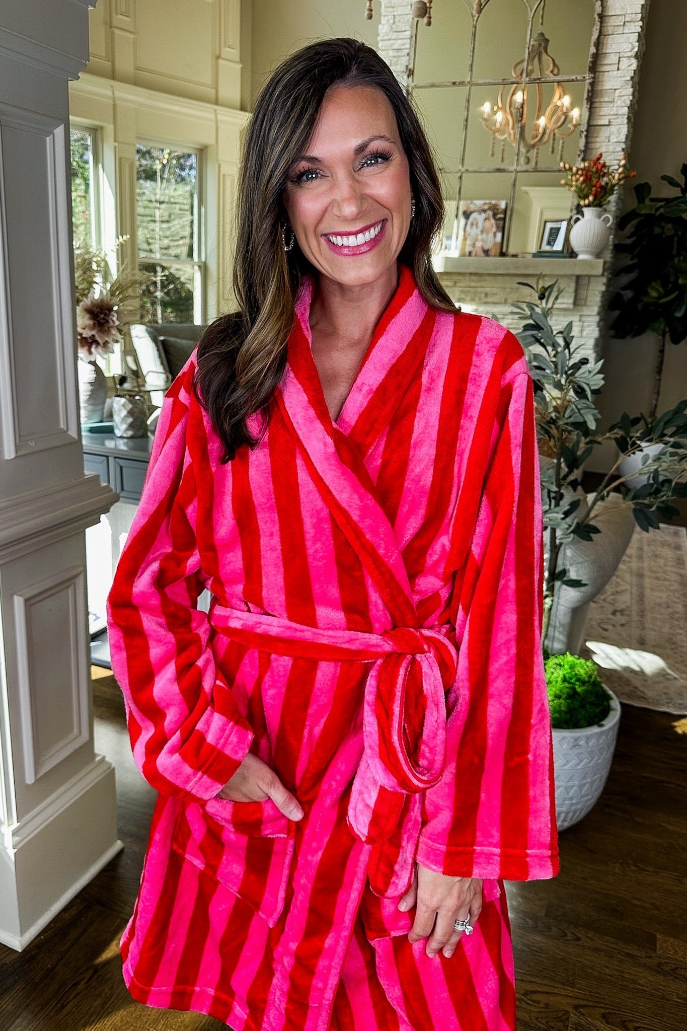 The Felicity Red & Pink Striped Super Soft Pocketed Robe