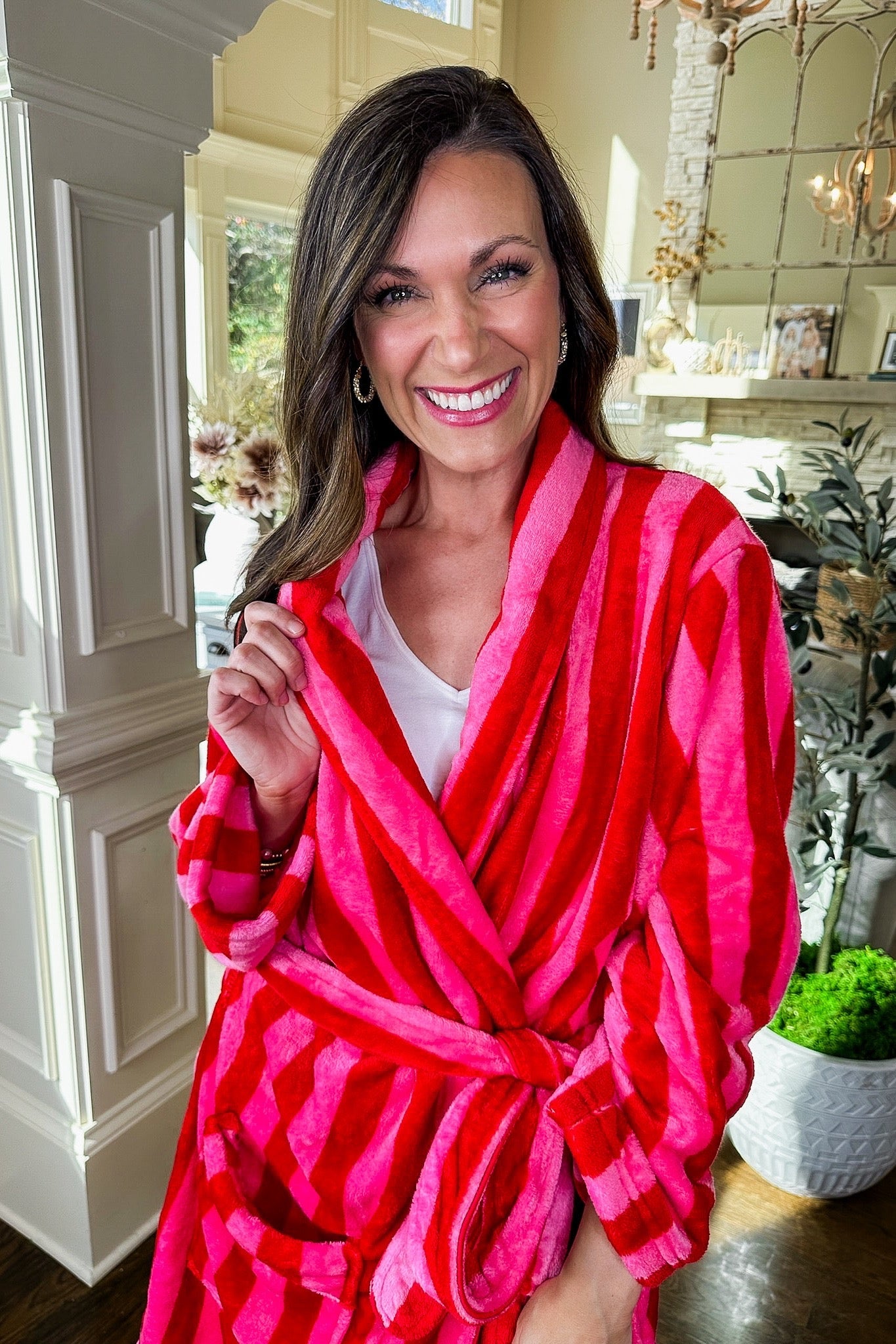 The Felicity Red & Pink Striped Super Soft Pocketed Robe