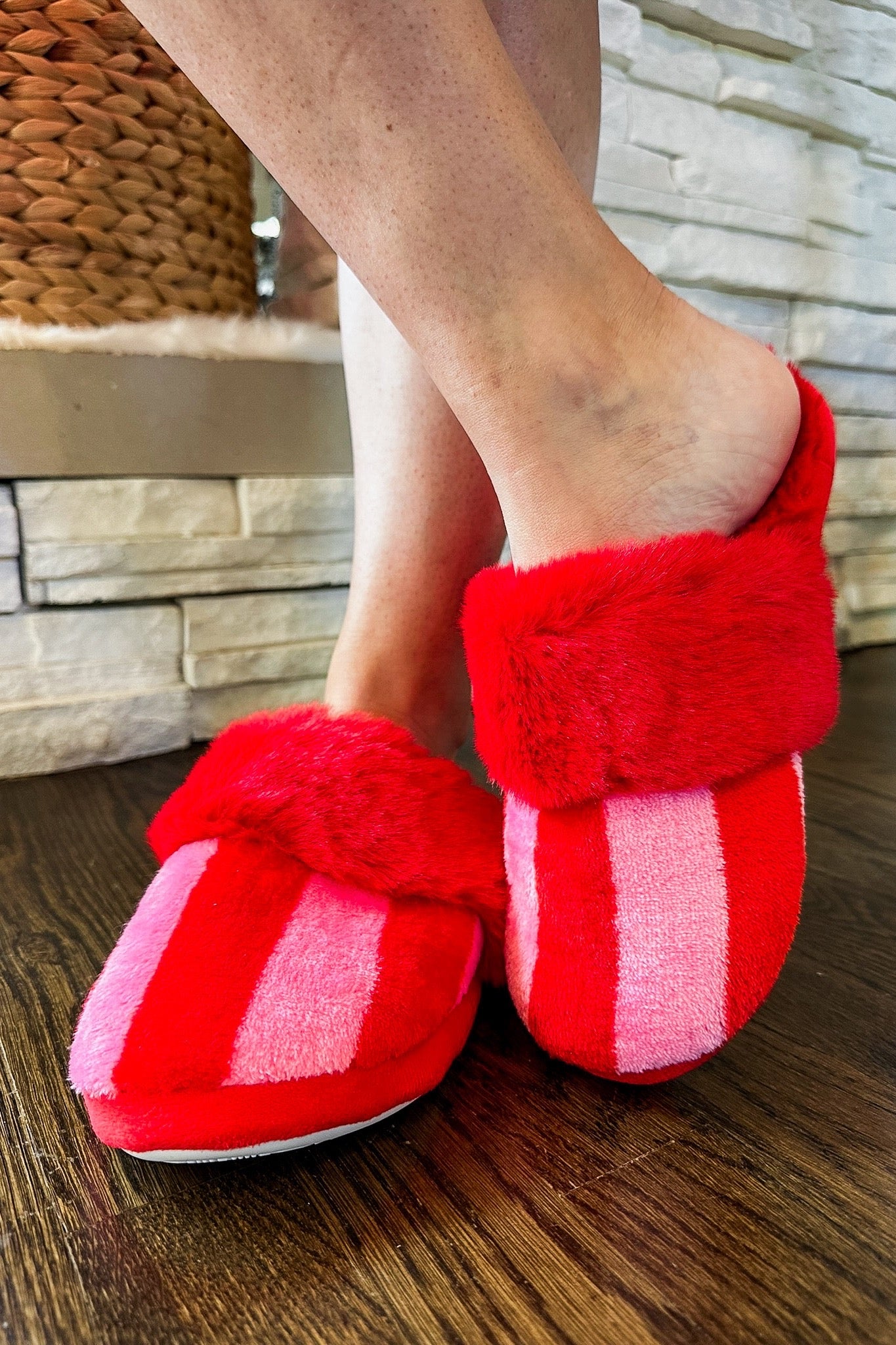 The Felicity Red & Pink Striped Fuzzy Slippers