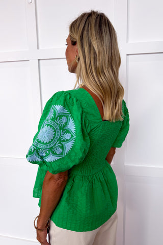 Made For More Embroidered Top in Green + Blue