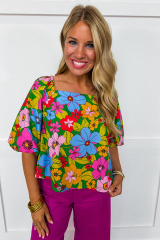 Retro Blooms Square Neck Top